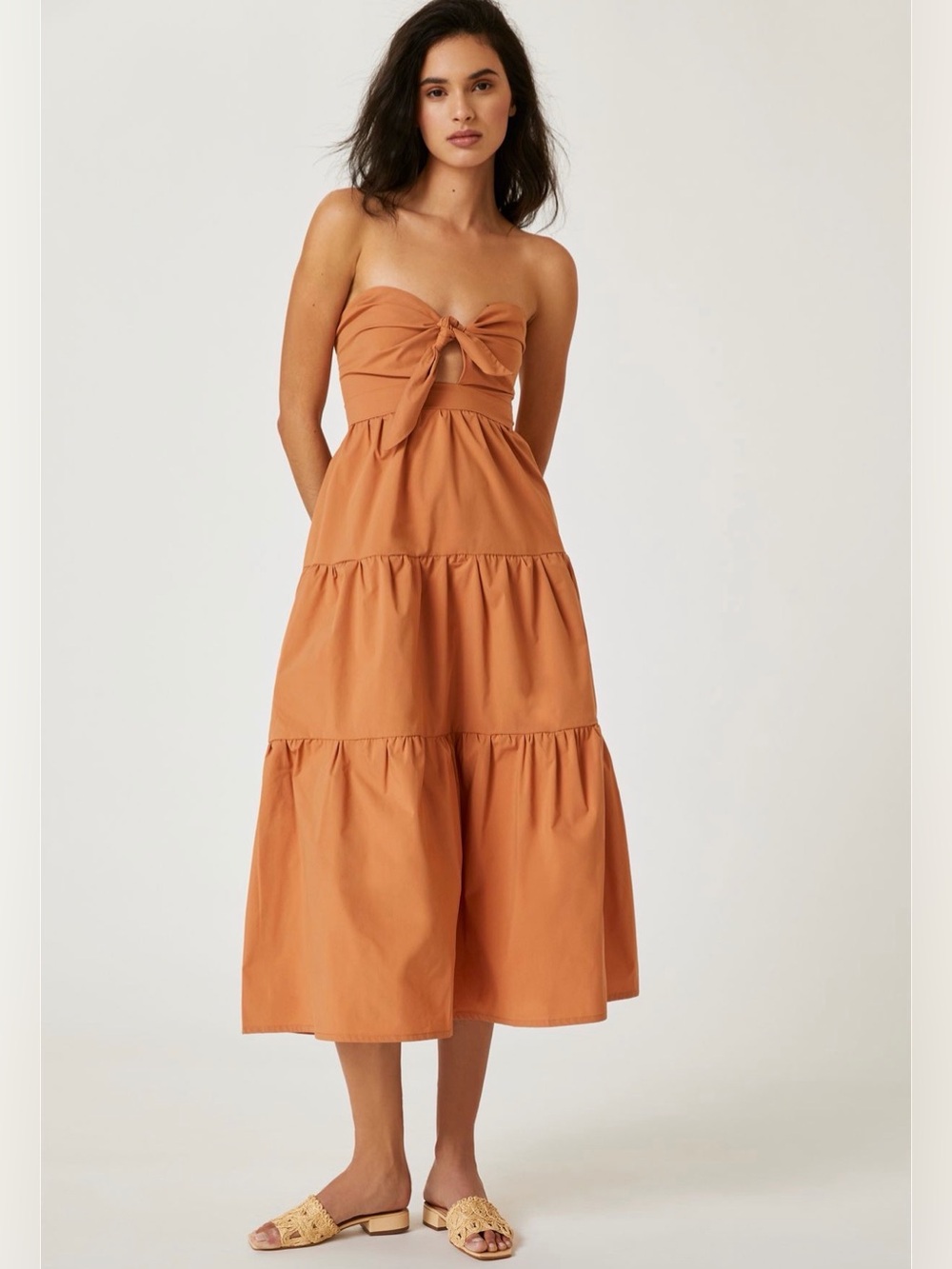 Anthropologie Strapless Tie-Front Tiered Midi Dress in Terracotta